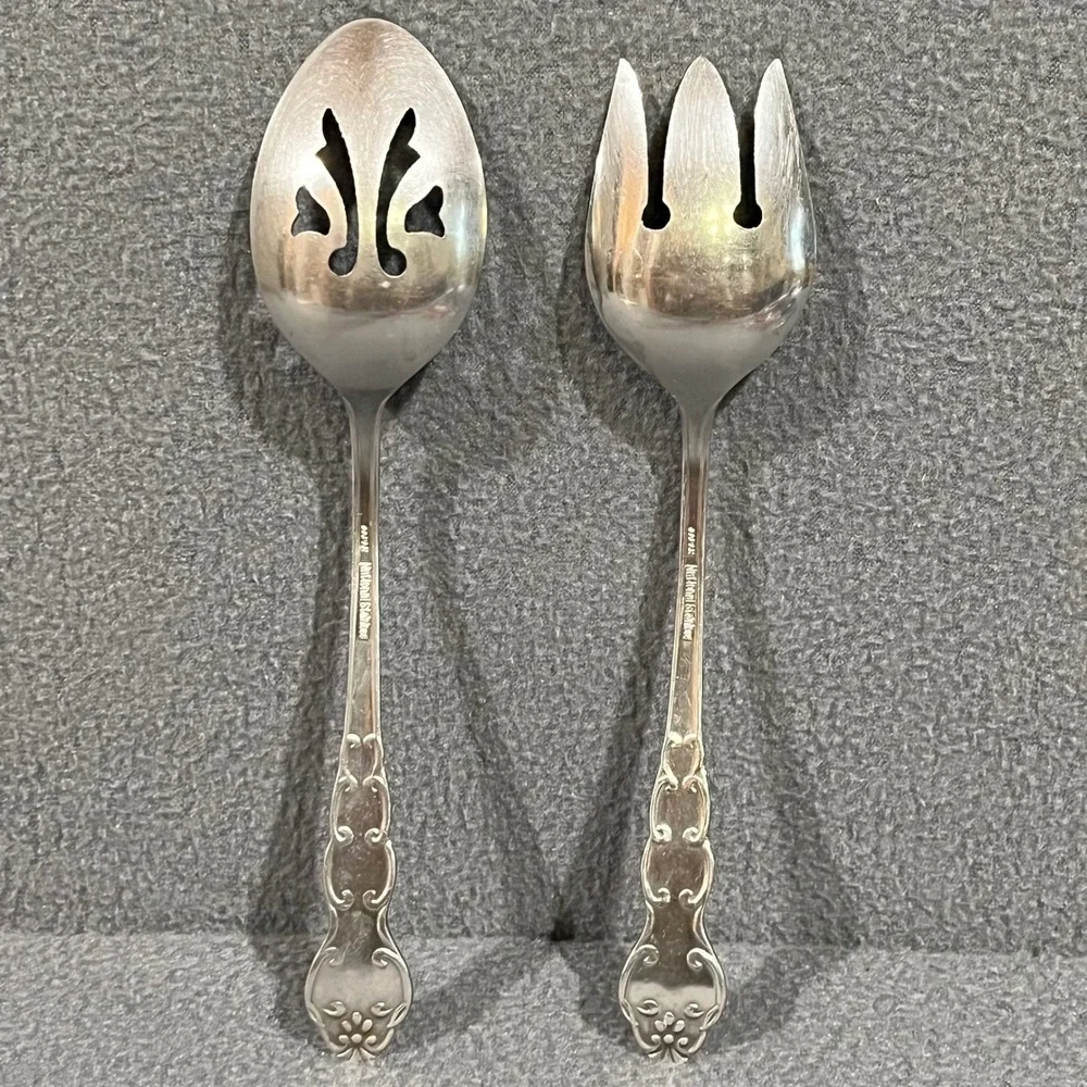 Vintage National Stainless Japan Serving Spoon & Fork Set Floral Stainless Steel